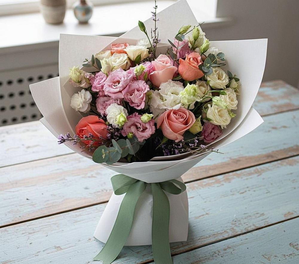 Букет цветов из: Розы, Лизиантусы и Гвоздики в Гурьевске Калининградской области