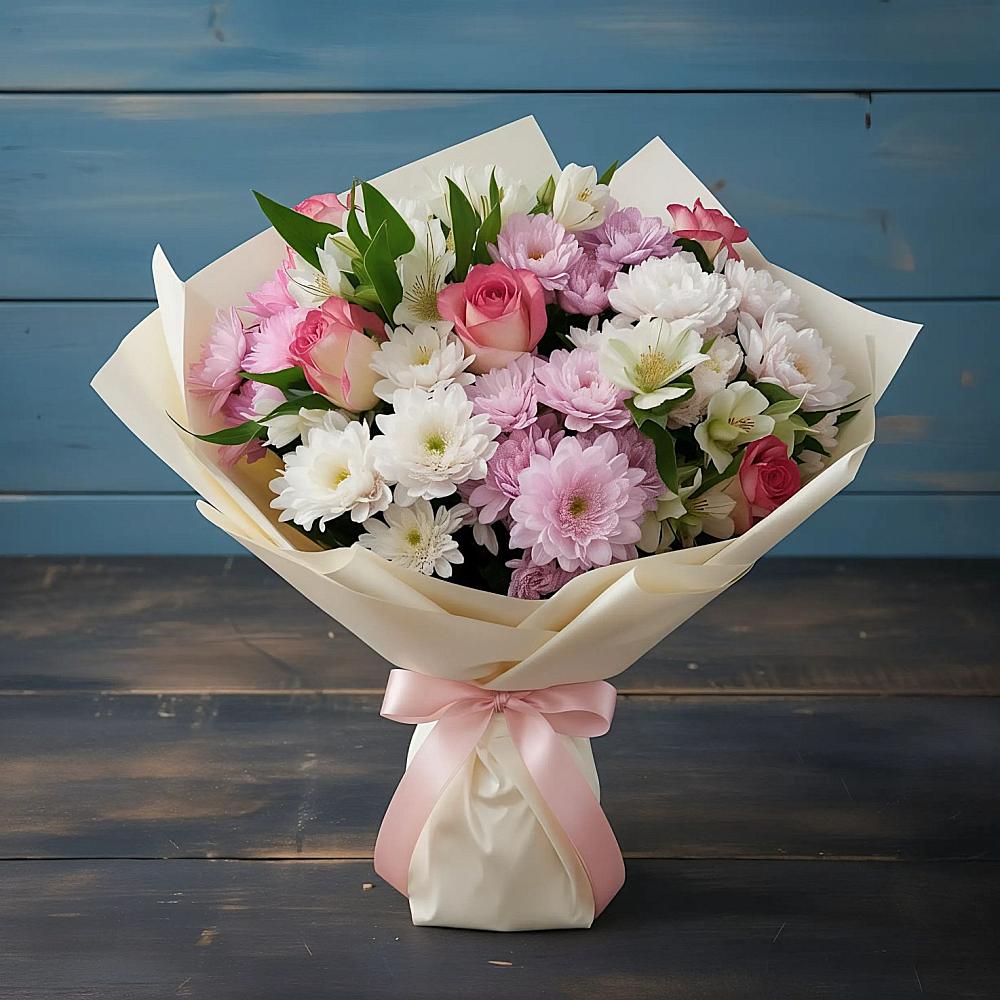 Букет цветов из: Хризантемы, Альстромерии и Розы в Гурьевске Калининградской области